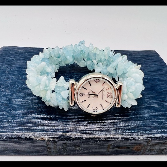Gem Essence Accessories - GEM ESSENCE light blue quartz polished gemstone stretch band bracelet watch